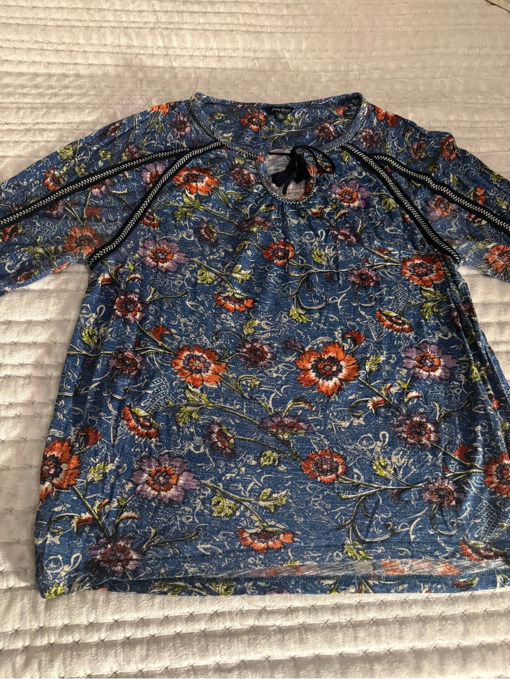 Lucky Brand Blue Floral 3/4 Raglan-Sleeve Top